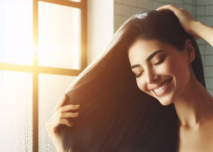 یک زن در حال شامپو زدن موهایش