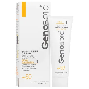 کرم ضد آفتاب SPF50 بدون رنگ پوست چرب ژنوبایوتیک